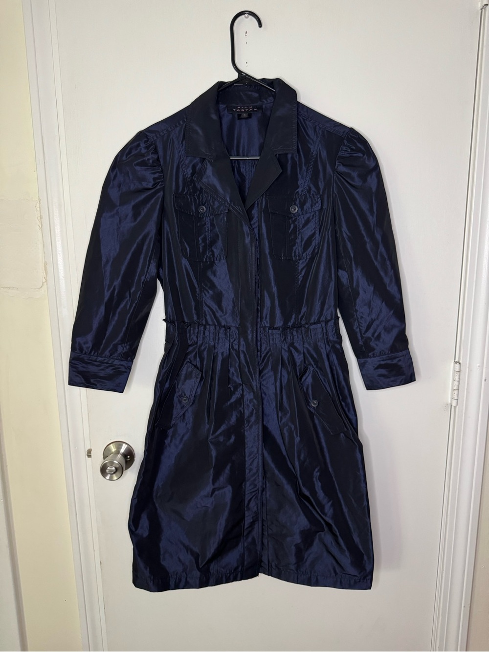 Pink Tartan Navy Iridescent Shimmer Long Sleeve Trench Dress